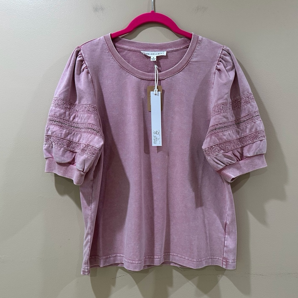 Jane And Delancey Washed Pink Eyelet Lace Puff Sleeve Tee Top Women Small NWT